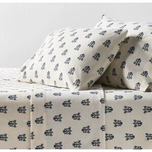 RARE Queen Ultra Soft Flannel Sheet Set Blue Woodblock - Threshold NEW